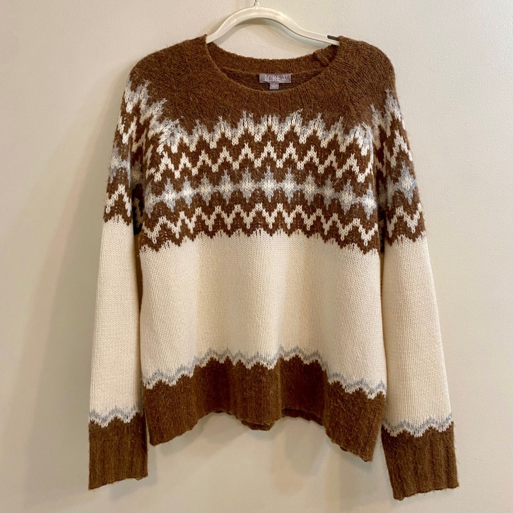J.Crew Zig Zag Fair Isle Pullover Sweater Womens XL Brown Cream Lambswool Alpaca